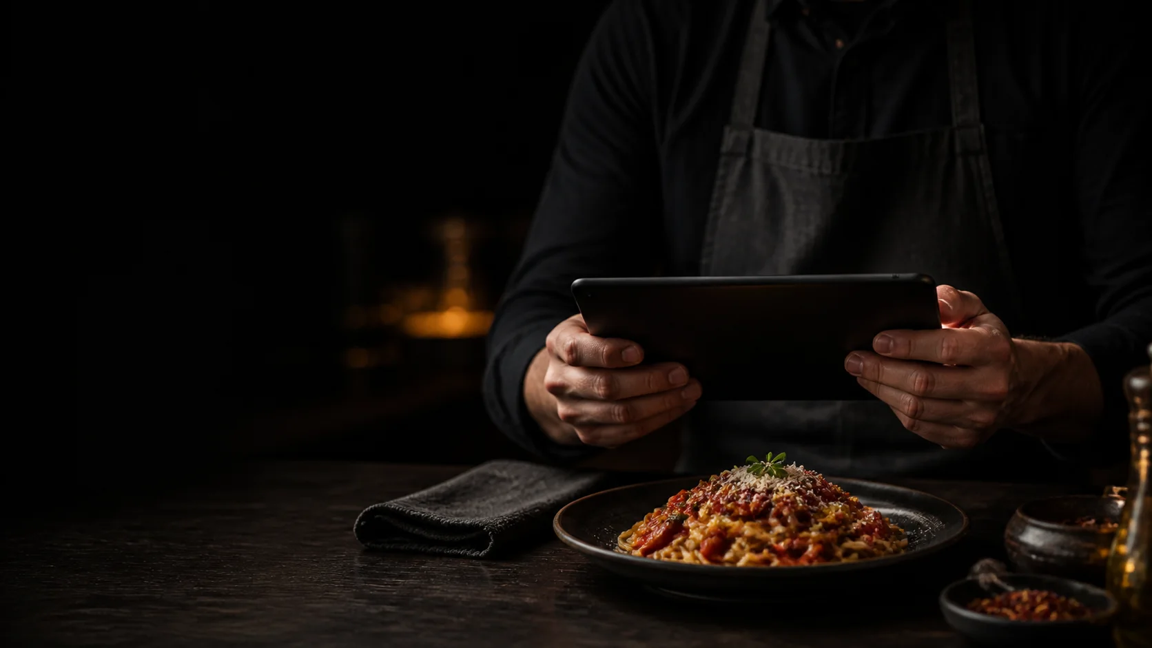 Yemeğini tablet üzerinden düzenleyen restoran çalışanı